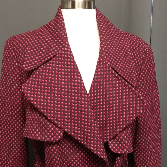 Linda Allard Ellen Tracy 100% Wool Belted Polkadot Burgundy Red Trench Coat 12 - Picture 5 of 11